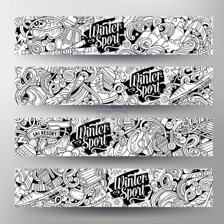 Winter sport hand drawn doodle banners. Cartoon detailed flyer. Cold activities identity with objects and symbols. Ski resort illustrations. Sketchy vector design elements background