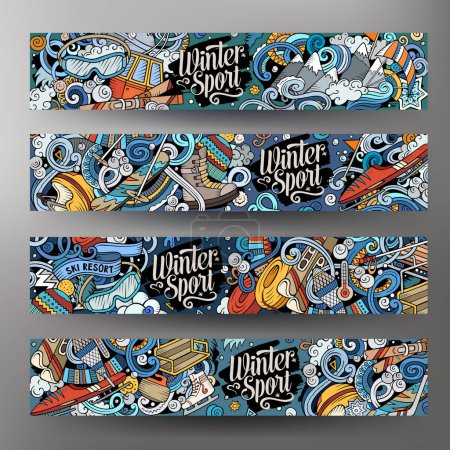 Winter sport hand drawn doodle banners. Cartoon detailed flyer. Cold activities identity with objects and symbols. Ski resort illustrations. Color vector design elements background