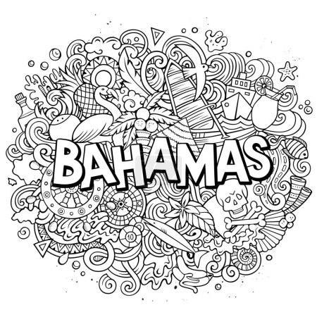 Bahamas handgezeichnete Cartoon Doodles Illustration. Lustiges Reisedesign. Kreative Kunst Vektor Hintergrund. Handgeschriebener Text mit exotischen Inselelementen und Objekten. Skizzenhafte Komposition