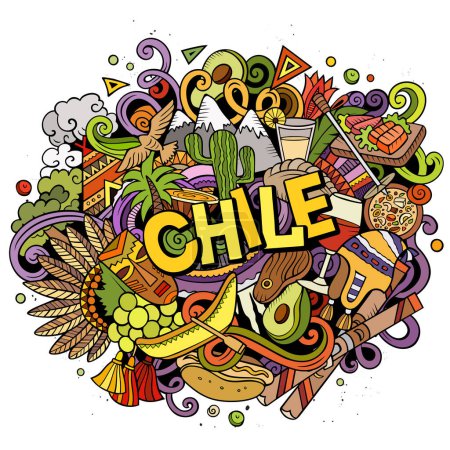 Chile handgezeichnete Cartoon Doodles Illustration. Lustiges Reisedesign. Kreative Kunst Vektor Hintergrund. Handgeschriebener Text mit Elementen und Objekten. Farbenfrohe Komposition