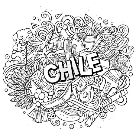 Chile handgezeichnete Cartoon Doodles Illustration. Lustiges Reisedesign. Kreative Kunst Vektor Hintergrund. Handgeschriebener Text mit Elementen und Objekten. Linienkunst-Komposition