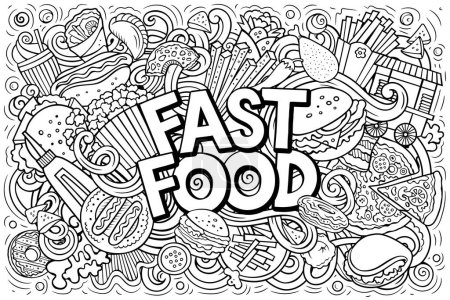 Fastfood hand drawn cartoon doodles illustration. Fast food funny objects and elements poster design. Creative art background. Line art vector banner