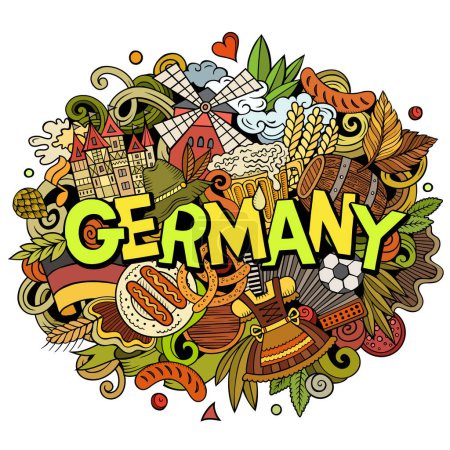 Germany hand drawn cartoon doodles illustration. Funny travel design. Creative art vector background. Handwritten text with German symbols, elements and objects. Colorful composition