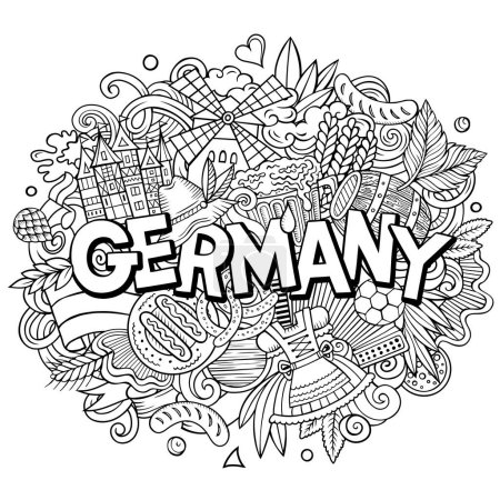 Deutschland handgezeichnete Cartoon Doodles Illustration. Lustiges Reisedesign. Kreative Kunst Vektor Hintergrund. Handschriftlicher Text mit deutschen Symbolen, Elementen und Objekten.