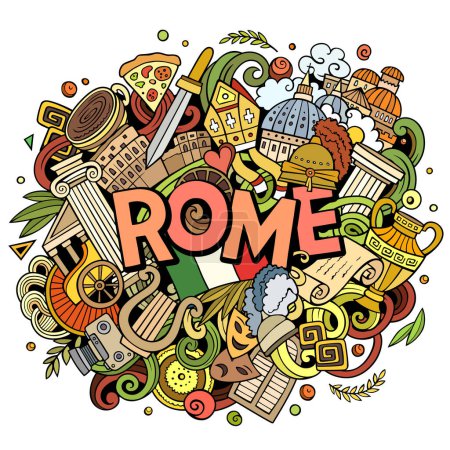 Rome hand drawn cartoon doodles illustration. Funny travel design. Creative art vector background. Handwritten text with Italian symbols, elements and objects. Colorful composition