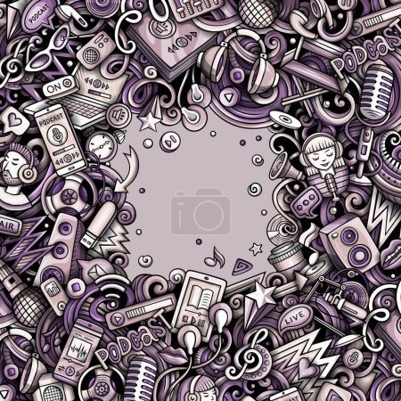 Cartoon vector doodles Storytelling frame. Audio Content funny border. Monochrome detailed, with lots of objects illustration.