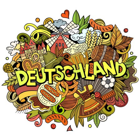 Deutschland Deutschland Deutschland Cartoon Doodles Illustration. Lustiges Reisedesign. Kreative Kunst Vektor Hintergrund. Handschriftlicher Text mit deutschen Symbolen, Elementen und Objekten