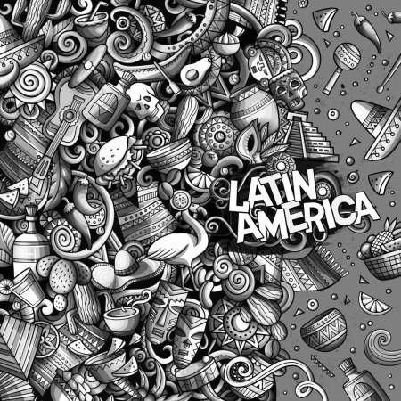 Cartoon cute doodles hand drawn latinamerican frame design. Funny vector illustration. Monochrome border with Latin America theme items