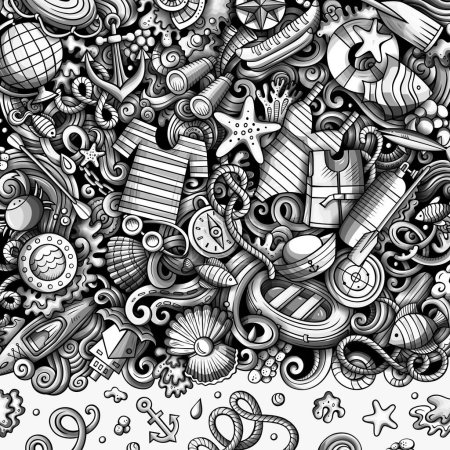 Marco de garabatos vectoriales dibujado a mano marina. Elementos de verano y objetos fondo de dibujos animados. Borde divertido monocromo.