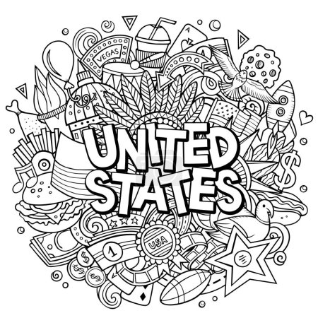 United States cartoon doodle illustration. Funny American design. Creative art vector background. Handwritten text with elements and objects. Sketchy composition