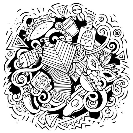América Latina ilustración vectorial de dibujos animados. Incompleta composición detallada con muchos objetos y símbolos latinoamericanos. Todos los artículos están separados