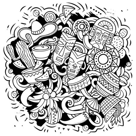 Lateinamerika Cartoon Vektor Illustration. Skizzenhafte Detailkomposition mit vielen lateinamerikanischen Objekten und Symbolen. Alle Elemente sind getrennt
