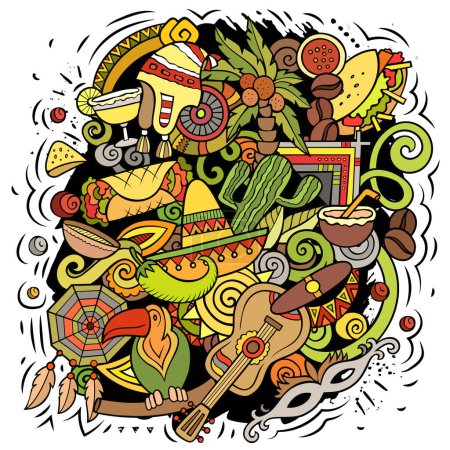 Amérique latine illustration vectorielle de dessin animé. Composition détaillée colorée avec beaucoup d'objets et de symboles latino-américains. Tous les articles sont séparés