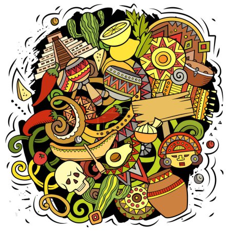 Latin America cartoon vector illustration. Colorful detailed composition with lot of Latinamerican objects and symbols. All items are separate