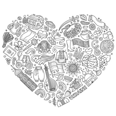 Sketchy vector set of Ukraine cartoon doodle objects, symbols and items. Heart form composition