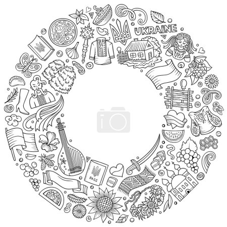 Line art vector set of Ukraine cartoon doodle objects, symbols and items. Round frame composition