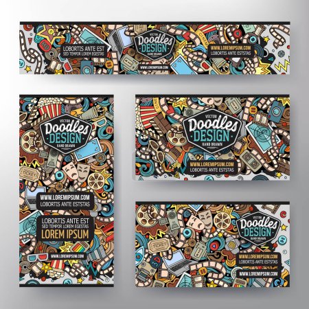 Cartoon vector doodle set of Cinema corporate identity templates. Colorful funny banners, id cards, flayer for the use on branding, invitations, cards, apps, web design.