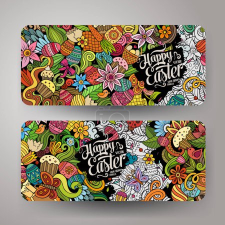 Cartoon cute colorful vector doodles Happy Easter corporate identity. 2 horizontal banners design. Templates set