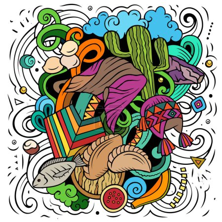 Bolivien handgezeichnete Cartoon Doodles Illustration. Lustiges Reisedesign. Kreativer bolivianischer Vektor-Hintergrund. Elemente und Objekte lateinamerikanischer Länder.