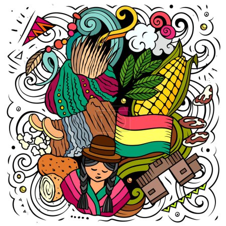 Bolivie dessin à la main dessin animé gribouillis illustration. Design de voyage drôle. Fond vectoriel bolivien créatif. Amérique latine éléments et objets du pays.