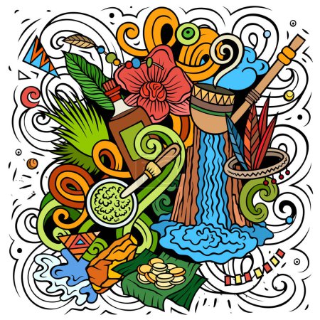Guyane dessin à la main dessin animé gribouillis illustration. Design de voyage drôle. Fond vectoriel créatif. Amérique latine éléments et objets du pays.