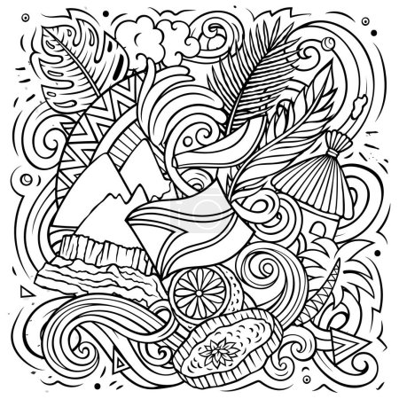Guyane dessin à la main dessin animé gribouillis illustration. Design de voyage drôle. Fond vectoriel créatif. Amérique latine éléments et objets du pays.