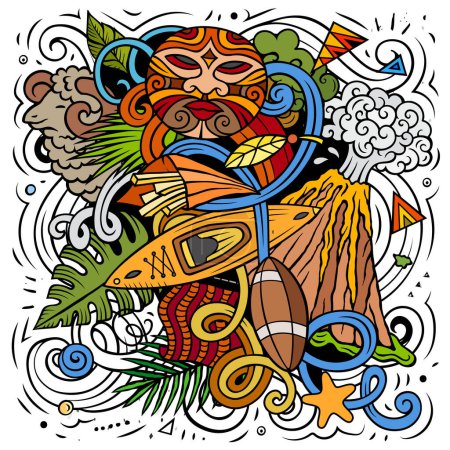 Neuseeland handgezeichnete Zeichentrickkritzelillustration. Lustiges Design. Kreativer Vektorhintergrund mit Elementen und Objekten aus Ozeanien. Farbenfrohe Komposition