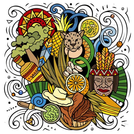 Illustration de gribouillis dessinés à la main au Paraguay. Design de voyage drôle. Fond vectoriel créatif. Amérique latine éléments et objets du pays.