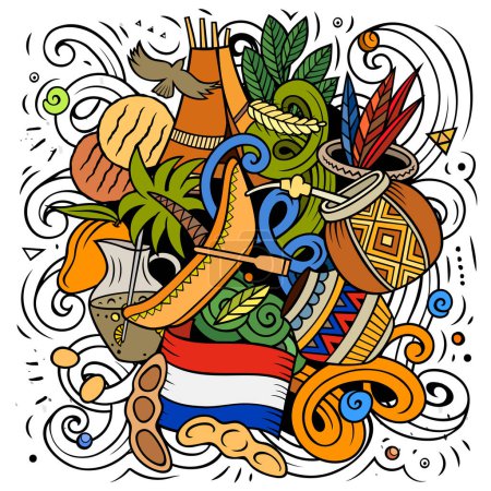 Paraguay handgezeichnete Cartoon Doodles Illustration. Lustiges Reisedesign. Kreativer Vektor-Hintergrund. Elemente und Objekte lateinamerikanischer Länder.