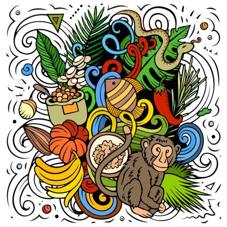 Illustration de gribouillis dessinés à la main au Suriname. Design de voyage drôle. Fond vectoriel créatif. Amérique latine éléments et objets du pays.