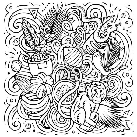 Illustration de gribouillis dessinés à la main au Suriname. Design de voyage drôle. Fond vectoriel créatif. Amérique latine éléments et objets du pays.