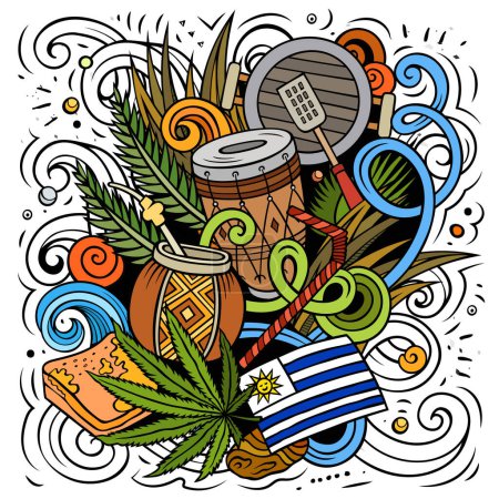 Uruguay handgezeichnete Cartoon Doodles Illustration. Lustiges Reisedesign. Kreativer Vektor-Hintergrund. Elemente und Objekte lateinamerikanischer Länder.