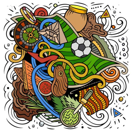 Uruguay dessin à la main dessin animé gribouillis illustration. Design de voyage drôle. Fond vectoriel créatif. Amérique latine éléments et objets du pays.