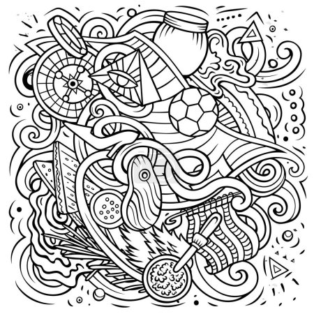 Uruguay dessin à la main dessin animé gribouillis illustration. Design de voyage drôle. Fond vectoriel créatif. Amérique latine éléments et objets du pays.