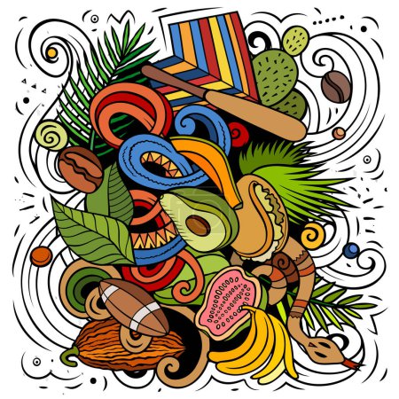 Venezuela handgezeichnete Cartoon Doodles Illustration. Lustiges Reisedesign. Kreativer Vektor-Hintergrund. Elemente und Objekte lateinamerikanischer Länder.
