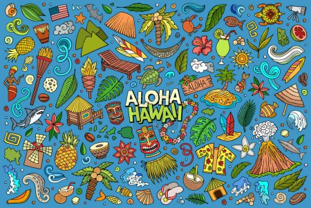 Bunte Vektor handgezeichnete Doodle-Cartoon-Set von Hawaii-Themen, Objekte und Symbole