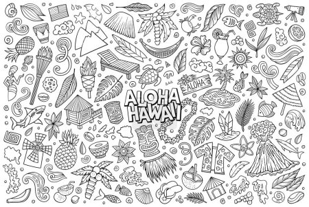 Linienkunst Vektor handgezeichnete Doodle-Cartoon-Set von Hawaii-Themen, Objekte und Symbole