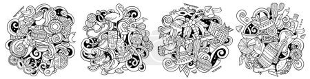 América Latina dibujos animados vector doodle diseños conjunto. Composiciones esbozadas detalladas con muchos objetos y símbolos latinoamericanos