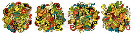 América Latina dibujos animados vector doodle diseños conjunto. Coloridas composiciones detalladas con muchos objetos y símbolos latinoamericanos. Aislado sobre ilustraciones en blanco