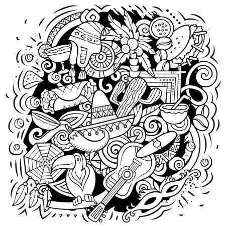 Lateinamerika Cartoon Vektor Illustration. Skizzenhafte Detailkomposition mit vielen lateinamerikanischen Objekten und Symbolen. Alle Elemente sind getrennt