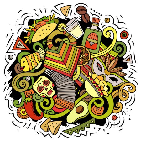 Lateinamerika Cartoon Vektor Illustration. Farbenfrohe Detailkomposition mit vielen lateinamerikanischen Objekten und Symbolen. Alle Elemente sind getrennt