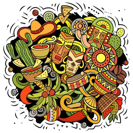 América Latina ilustración vectorial de dibujos animados. Colorida composición detallada con muchos objetos y símbolos latinoamericanos. Todos los artículos están separados