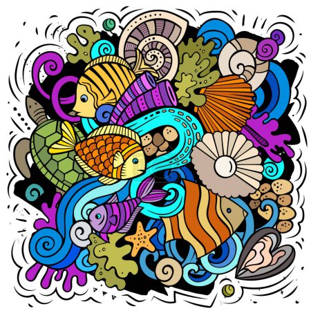Ilustración vectorial de dibujos animados Sea Life. Colorida composición detallada con muchos objetos y símbolos de Uderwater World. Todos los artículos están separados