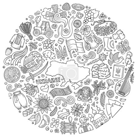 Conjunto vectorial incompleto de Ucrania dibujos animados doodle objetos, símbolos y elementos. Composición redonda