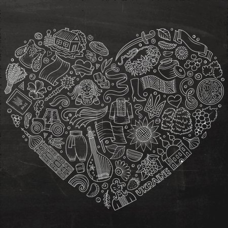 Chalkboard vector set of Ukraine cartoon doodle objects, symbols and items. Heart form composition