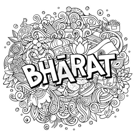 Bharat handgezeichnete Cartoon Doodles Illustration. Lustiges Reisedesign. Kreative Kunst Vektor Hintergrund. Handgeschriebener Text mit Elementen und Objekten. Skizzenhafte Komposition