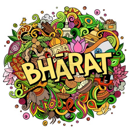 Bharat dibujado a mano dibujos animados garabatos ilustración. Diseño de viaje divertido. Arte creativo vector fondo. Texto manuscrito con elementos y objetos. Composición colorida