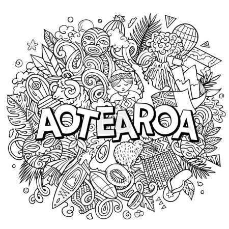 Neuseeland Aotearoa Cartoon Doodle Illustration. Lustiges Design. Kreativer Vektor-Hintergrund. Handgeschriebener Text mit Elementen und Objekten des Ozeanienlandes. Skizzenhafte Komposition