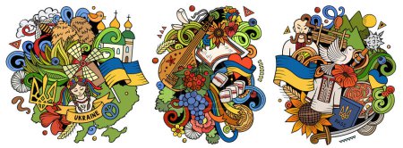 Ukraine Cartoon Vektor Doodle Designs Set. Bunte Detailkompositionen mit vielen ukrainischen Objekten und Symbolen. Isoliert auf weißen Illustrationen