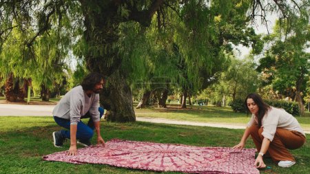 Photo for Couple with blanket at picnic on green grass - Royalty Free Image